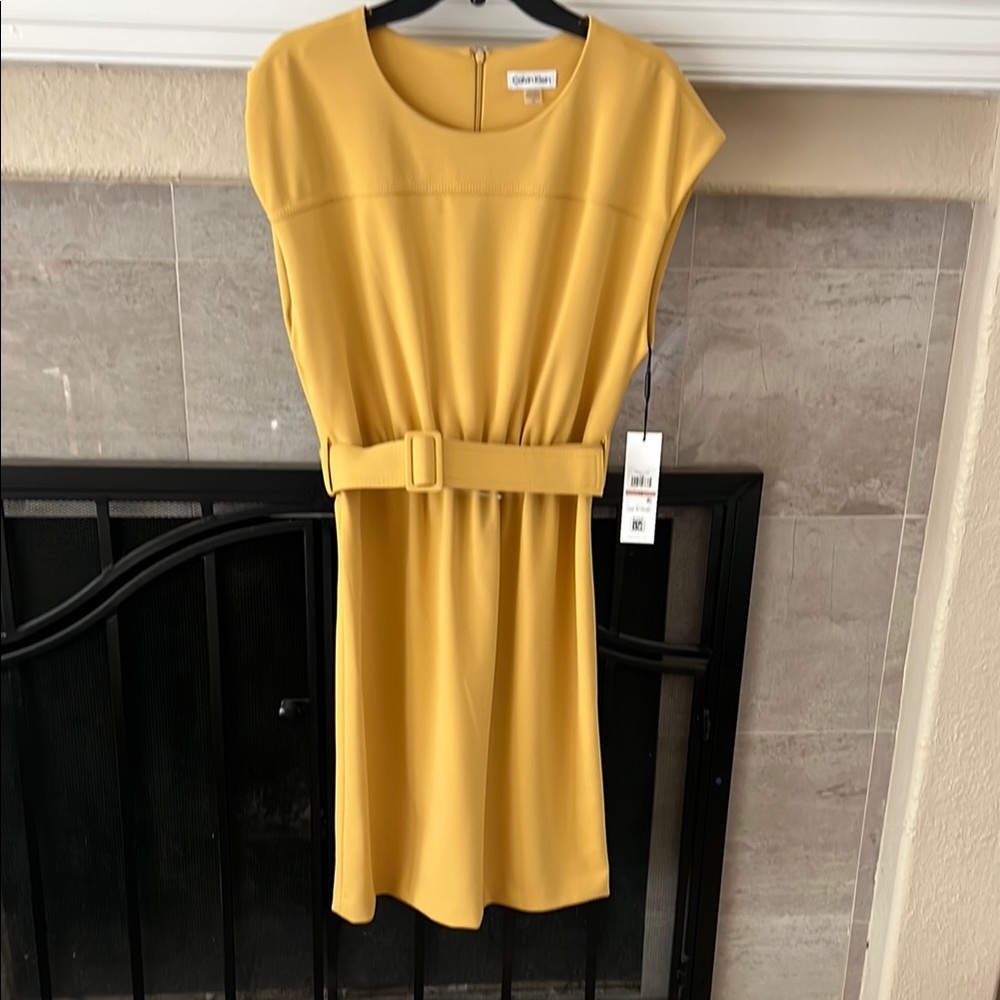 Calvin Klein Yellow Sheath Dress with Dolman Cap Sleeves